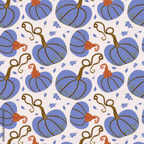 Seamless pattern of blue pumpkins with orange leaves and stems on a beige background