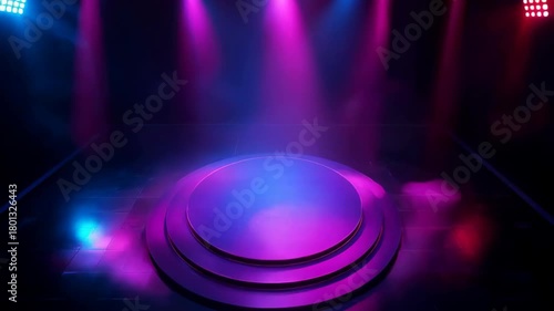 Circular Stage Platform Illuminated By Pink And Blue Spotlights On A Dark Stage With Smoke Effects