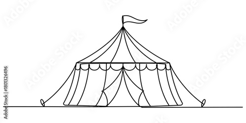 Continuous line drawing of a classic big top circus tent with a flag, symbolizing entertainment, spectacle, and fun fair events.