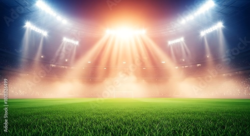 Dramatic Soccer Stadium with Bright Sunburst and Foggy Atmosphere football stadium lights