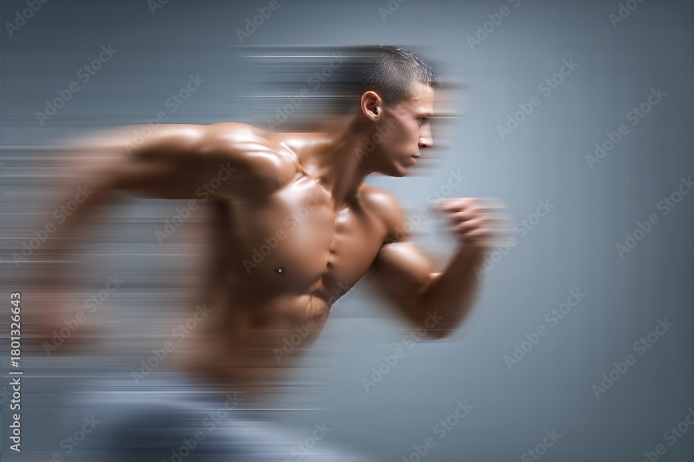 Naklejka premium Blurred Motion Of Shirtless Runner In Action. Muscular Man Sprinting Indoors For Fitness, Speed, Strength And Athletic Performance Visuals