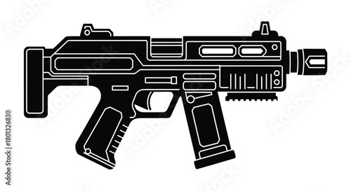 Vector illustration of submachine gun black and white outline