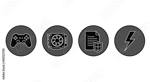 Gaming pc build components controller gpu security power icons set