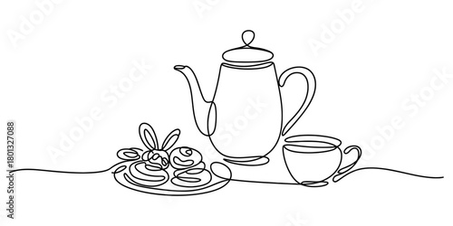 Continuous one line drawing of a charming tea set with pastries, including an easter bunny shaped treat, perfect for a cozy break