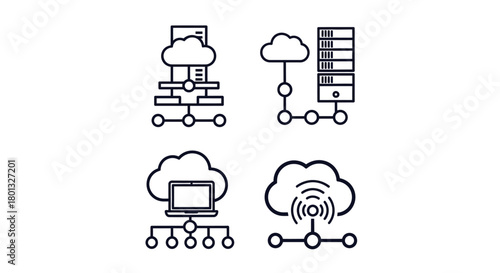 Cloud computing network server diagram vector illustration set