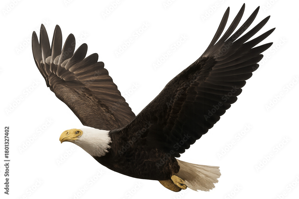 Obraz premium Bald eagle flying with wings spread wide, representing freedom, power, and independence on a transparent background