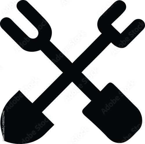 Crossed black garden tools create a simple agricultural icon on a white background