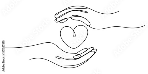 Continuous line art drawing of two human hands cupping a heart symbol, representing love, care, support, and connection in relationships.