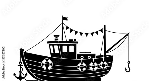 Fishing boat vector illustration black and white clip art image