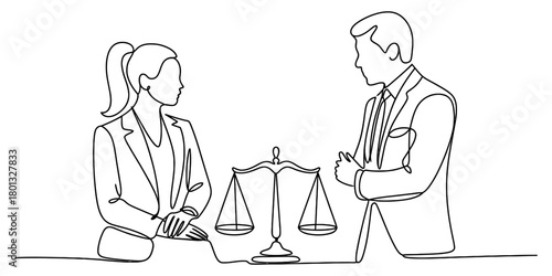Continuous line drawing of legal professionals discussing a case with justice scales. lawyer and client, business partners, or judge and attorney. law, order, and equilibrium concept.
