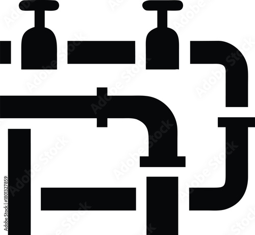 Intricate monochrome pipe system with valves and connecting joints forms a complex network