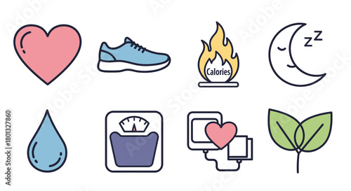 Healthy lifestyle habits diet fitness exercise sleep vector icons