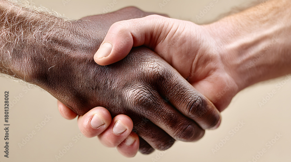 Fototapeta premium Two diverse hands shaking in a gesture of unity and collaboration.