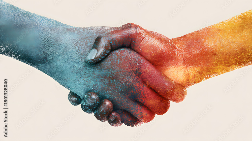 Fototapeta premium A close-up of two diverse hands shaking, symbolizing unity and collaboration across different backgrounds.