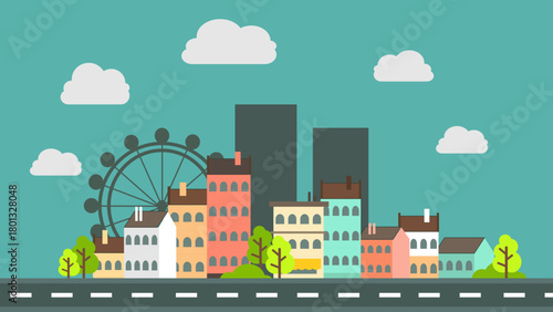 Flat design illustration of a cityscape with buildings, trees, and a Ferris wheel under a cloudy sky