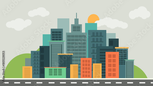 Modern flat design cityscape illustration featuring diverse buildings, green hills, and a sunny sky, perfect for graphic projects, presentations, and depicting vibrant urban development