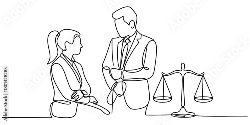 Attorney and client in a professional legal consultation, rendered in a minimalist continuous line art style with a scale of justice.