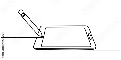 Continuous line art illustration depicting a modern digital tablet device with a stylus pen interacting with its screen, symbolizing technology and creativity.