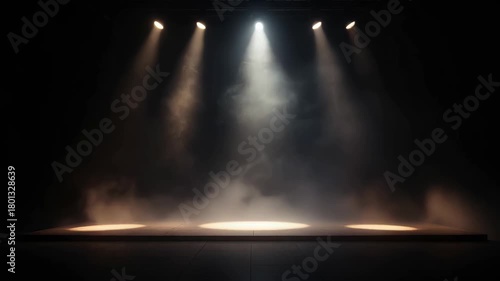 Dark Stage With Dramatic Spotlight And Smoke Effects illuminated by warm and cool lights creating an atmospheric performance space