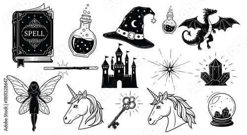 Magical fantasy elements vector illustration witch and fairy