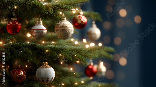 Christmas tree decorated with ornaments, glowing lights on blurred background 
