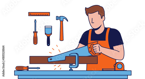 Carpenter sawing wood diy project tools handyman construction job