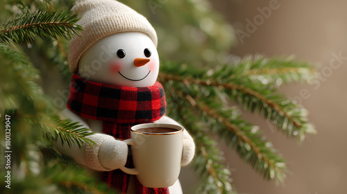 Adorable snowman with top hat and scarf, glowing in soft golden winter light, placed on shimmering snow with dreamy bokeh lights in the background
