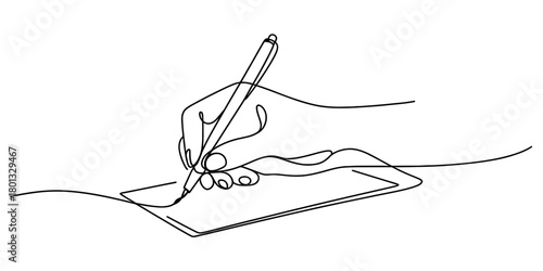 Continuous line art drawing of a human hand holding a pen, actively writing, drawing, or signing on a blank piece of paper, creative process