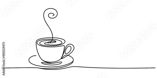 Continuous line art drawing of a steaming hot coffee cup and saucer, minimalist graphic design illustration for cafes or morning routines.
