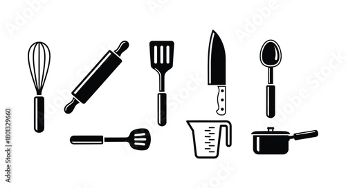Kitchen utensils cooking tools black and white vector graphic