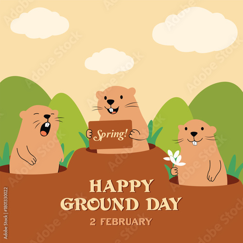 Cute Groundhog Day Illustration Predicting Spring - Happy February 2nd Holiday Cartoon