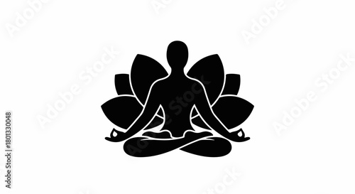 Silhouette of a person meditating in lotus pose with a blooming lotus flower behind them, representing peace and mindfulness.