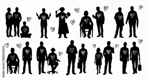 Diverse silhouettes of people sharing love and connection, represented by heart symbols.