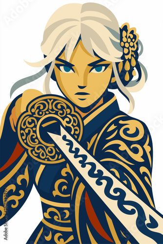 Heroic warrior with flowing hair holding round shield and sword, ornate armor patterns suggesting fantasy adventure, courage and mythic strength