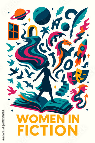 Dynamic woman surrounded by colorful symbols of science technology art and courage, energetic tribute to female power creativity leadership and modern empowerment