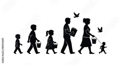 Family silhouette walking together with kids and pet illustration