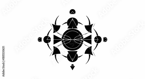 Abstract geometric mandala with symmetrical black shapes on a white background, symbolizing balance and harmony.
