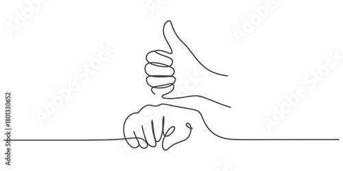 Continuous line drawing of hands: one shows a thumbs-up for approval, the other a clenched fist, symbolizing agreement, success, and strength.