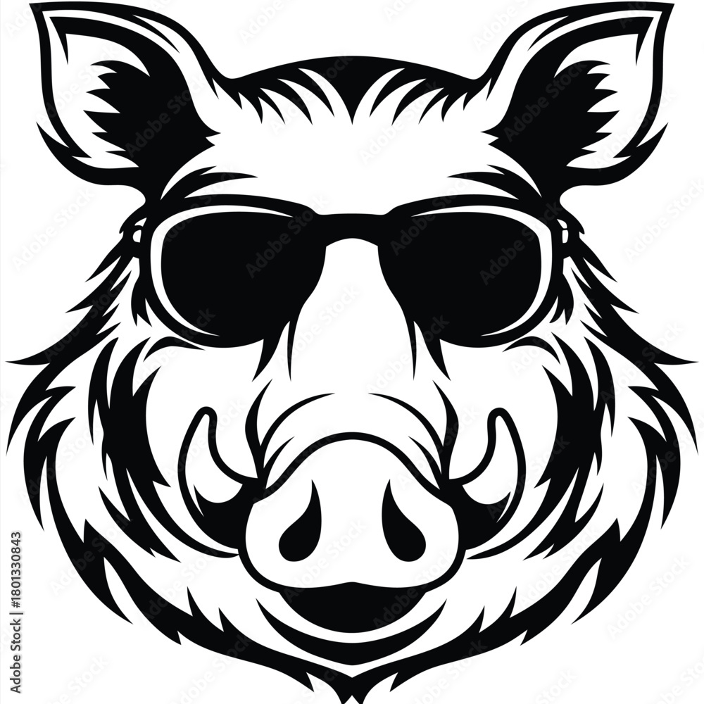 Fototapeta premium A wild hog wears cool sunglasses, its is presented in black and white