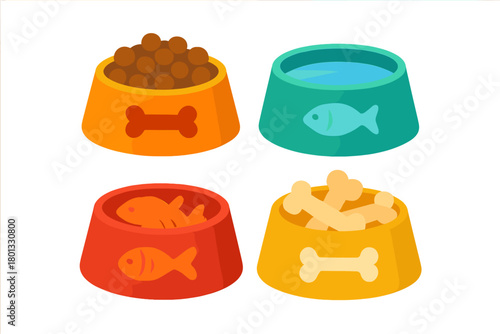Collection of four colorful pet bowls filled with dry kibble, water, fish food, and bone treats