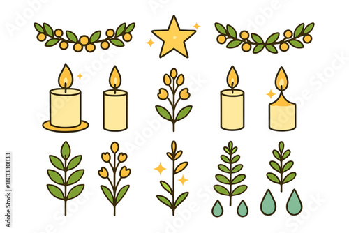 Cute collection of glowing candles, festive star, green branches, and yellow berries for holiday design elements