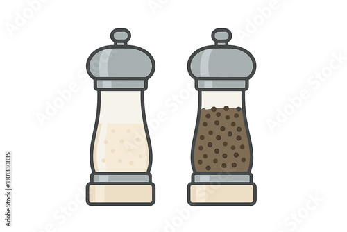 Transparent salt and pepper grinders filled with white salt and black peppercorns