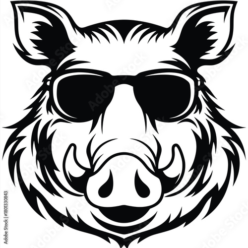 A wild hog wears cool sunglasses, its is presented in black and white