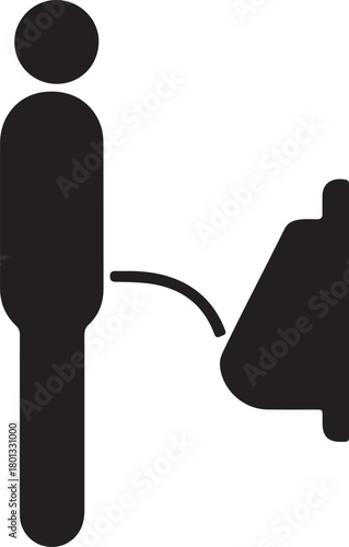 Silhouette of a man using a urinal with a stream of urine Keywords: man, male, urinal, toilet, restroom, public restroom, bathroom, urination, pee, stream, silhouette, icon, on transparent background