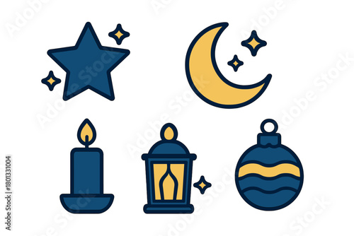 Stylized set of icons featuring a star, crescent moon, burning candle, lantern, and holiday bauble