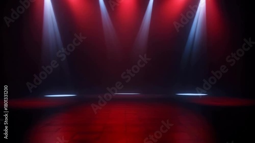 Dramatic Stage Lighting with Red and Blue Spotlights Creating an Atmospheric Performance Space with Fog Effects and Reflective Floor