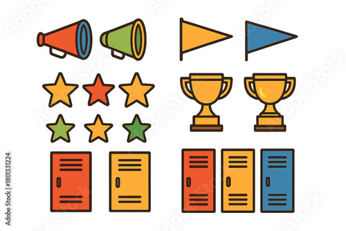 Colorful outline icons representing school achievement, sports awards, trophies, stars, and storage lockers
