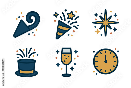 Festive celebration elements including party horn, confetti popper, champagne glass, and midnight clock