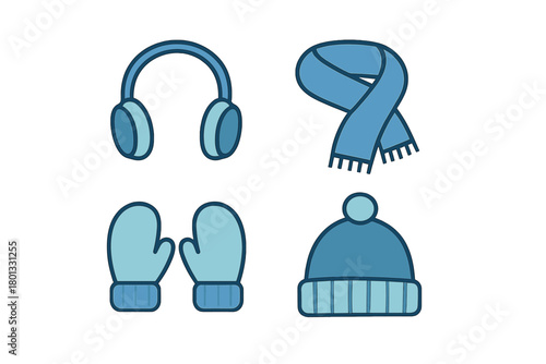 Set of warm winter accessories including scarf mittens earmuffs and knitted beanie hat