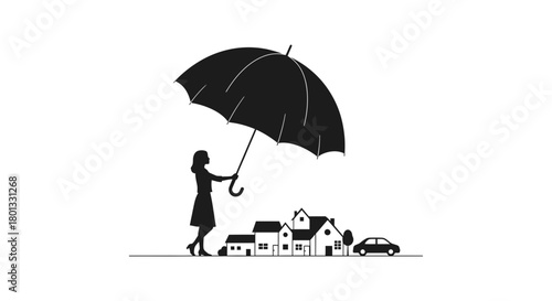 Home insurance concept woman with umbrella protecting houses